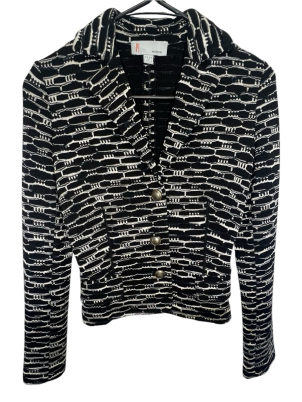 Missoni Italy Black And White Abstract Patterned Knit Button Front Blazer